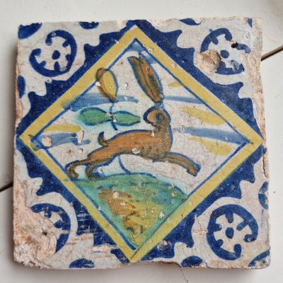 Dutch Square Tile Hare Tile from Delft, 1580s-BXK-2026751