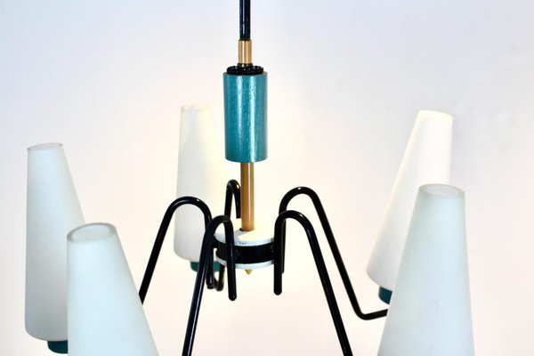 Dutch Steel, Wood & Opaline Glass Pendant-MO-1158532