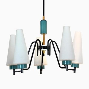 Dutch Steel, Wood & Opaline Glass Pendant-MO-1158532