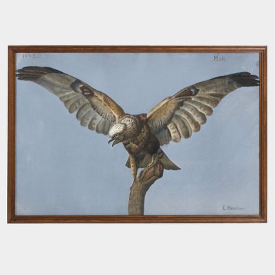 E. Henriksen, Bird of Prey, Gouache Painting, Framed-SA-1721995