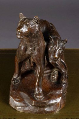 Early 20th Century Bronze Plastic Tiger Couple on Rocks attributed to G. Gardet, 1863-FLW-1402279