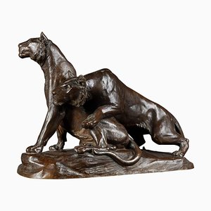 Early 20th Century Bronze Plastic Tiger Couple on Rocks attributed to G. Gardet, 1863-FLW-1402279