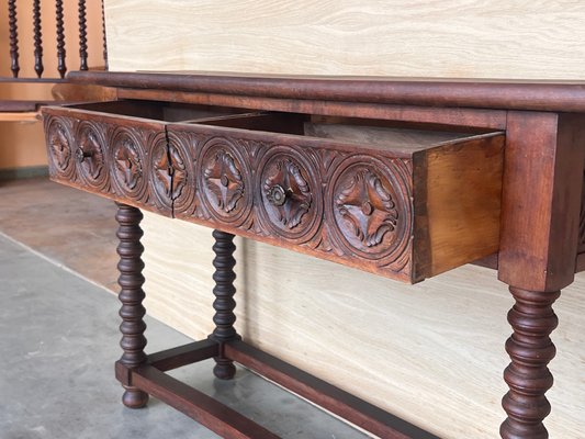 Early 20th Century Catalan Spanish Carved Walnut Console Table with Two Drawers, 1890-PSK-2020303