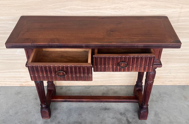 Early 20th Century Catalan Spanish Carved Walnut Console Table with Two Drawers, 1890-PSK-2020302