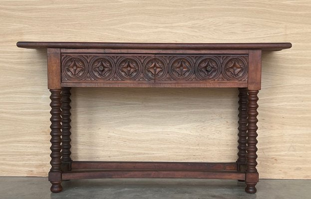 Early 20th Century Catalan Spanish Carved Walnut Console Table with Two Drawers, 1890-PSK-2020303