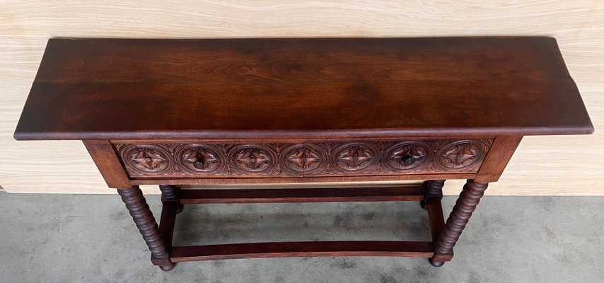 Early 20th Century Catalan Spanish Carved Walnut Console Table with Two Drawers, 1890-PSK-2020303