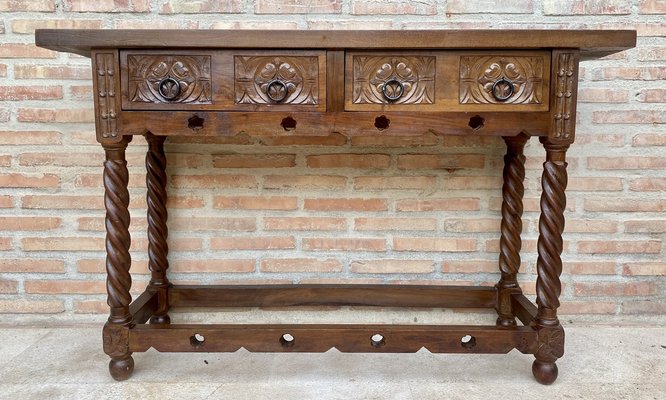 Early 20th Century Catalan Spanish Carved Walnut Console Table with Two Drawers, 1900s-NOU-1746391