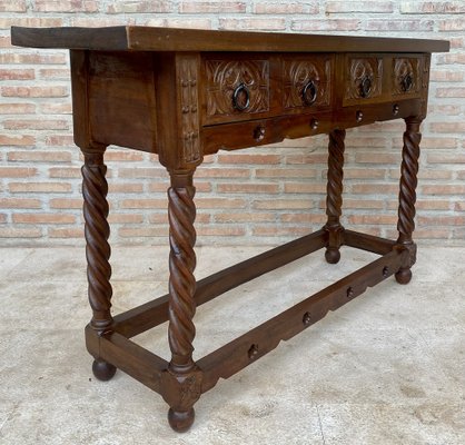 Early 20th Century Catalan Spanish Carved Walnut Console Table with Two Drawers, 1900s-NOU-1746391