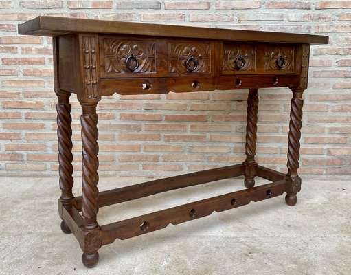 Early 20th Century Catalan Spanish Carved Walnut Console Table with Two Drawers, 1900s-NOU-1746391