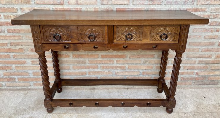 Early 20th Century Catalan Spanish Carved Walnut Console Table with Two Drawers, 1900s-NOU-1746391