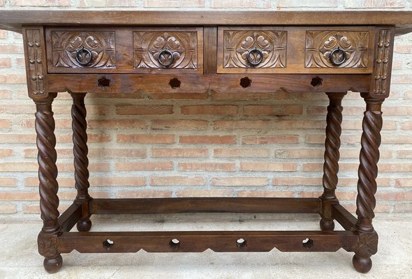 Early 20th Century Catalan Spanish Carved Walnut Console Table with Two Drawers, 1900s-NOU-1746391