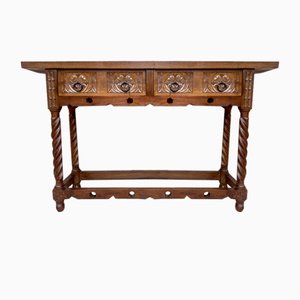 Early 20th Century Catalan Spanish Carved Walnut Console Table with Two Drawers, 1900s-NOU-1746391