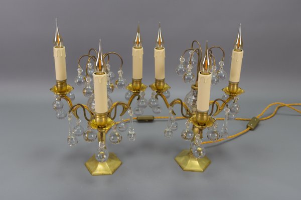 Early 20th Century French Brass and Crystal Girandoles Table Lamps, Set of 2-KEG-1759942