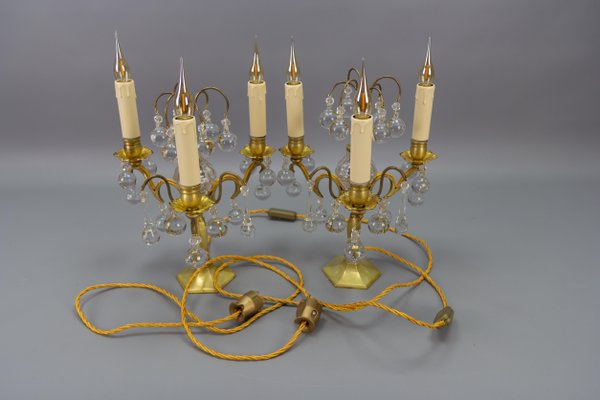 Early 20th Century French Brass and Crystal Girandoles Table Lamps, Set of 2-KEG-1759942