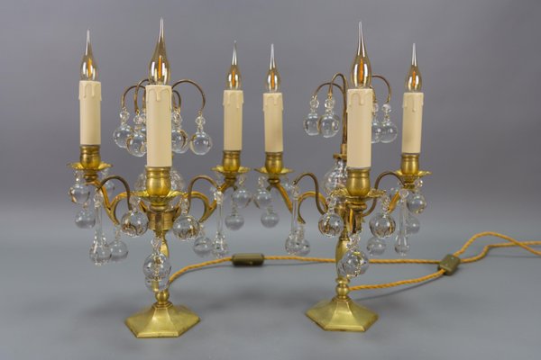 Early 20th Century French Brass and Crystal Girandoles Table Lamps, Set of 2-KEG-1759942