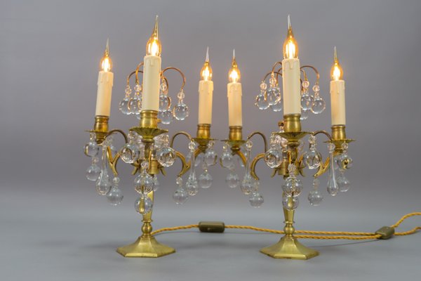 Early 20th Century French Brass and Crystal Girandoles Table Lamps, Set of 2-KEG-1759942