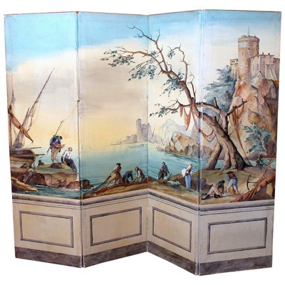 Early 20th Century French Tempera on Canvas Folding Screen with Seascape View-AXE-1433402