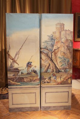 Early 20th Century French Tempera on Canvas Folding Screen with Seascape View-AXE-1433402