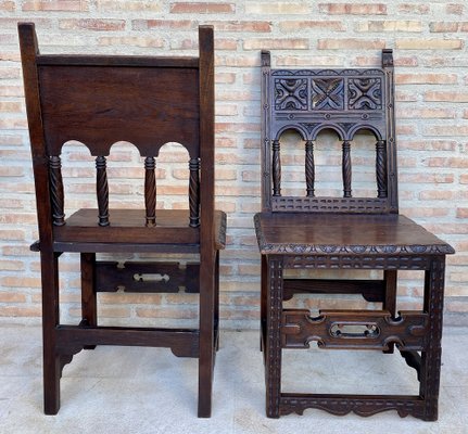 Early 20th Century Spanish Carved Chairs with Wood Seat, 1890s, Set of 2-NOU-1730514