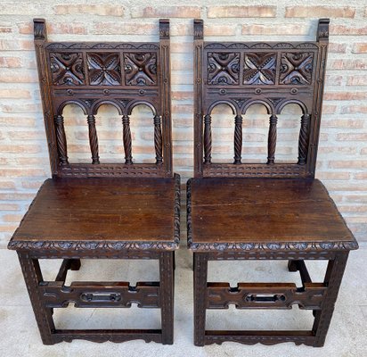 Early 20th Century Spanish Carved Chairs with Wood Seat, 1890s, Set of 2-NOU-1730514