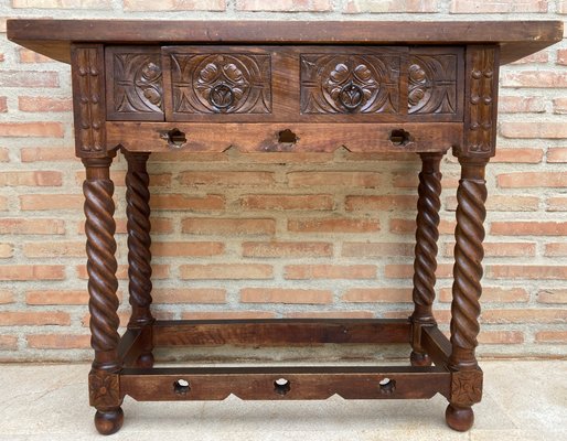 Early 20th Century Spanish Catalan Carved Walnut Console Table With One Drawer-NOU-1250444