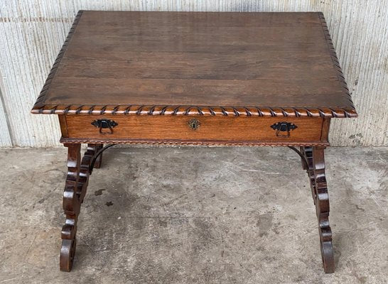 Early 20th-Century Spanish Desk with Lyre Legs and Carved Edges on Top-PSK-1002611