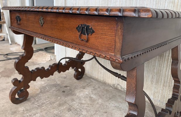 Early 20th-Century Spanish Desk with Lyre Legs and Carved Edges on Top-PSK-1002611