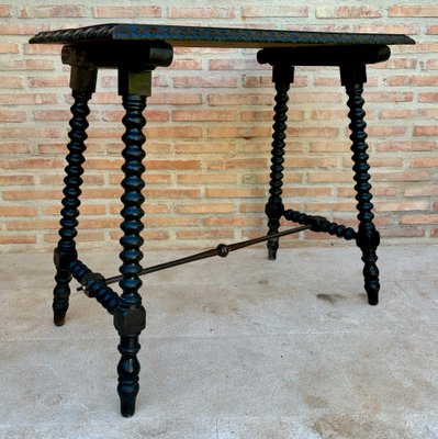 Early 20th Century Spanish Side Table with Turned Legs and Iron Stretcher, 1920s-NOU-2020055