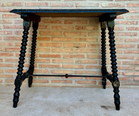 Early 20th Century Spanish Side Table with Turned Legs and Iron Stretcher, 1920s-NOU-2020055