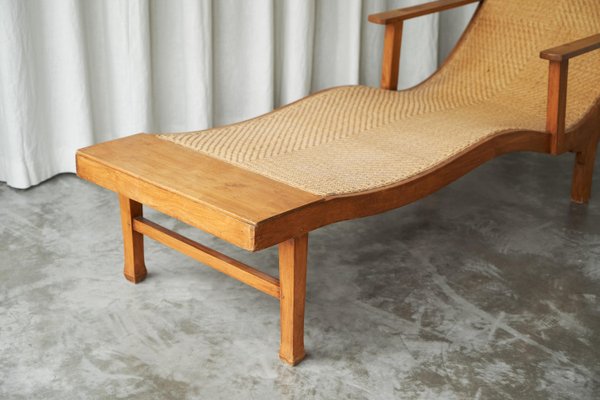 Early Dutch Colonial Sculptural Chaise Longue in Wood and Hand Woven Cane, 1920s-FEW-2024186