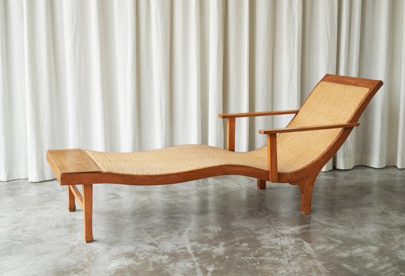 Early Dutch Colonial Sculptural Chaise Longue in Wood and Hand Woven Cane, 1920s-FEW-2024186