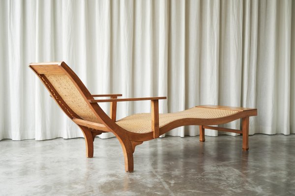 Early Dutch Colonial Sculptural Chaise Longue in Wood and Hand Woven Cane, 1920s-FEW-2024186