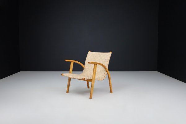 Easy Chair in Oak Bentwood and Canvas by Jan Vanek, Prague, 1930s-TRW-1797126