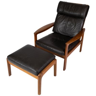 Easy Chair with Stool in Teak Upholstered with Black Leather by Arne Vodder for Komfort, Set of 2-UY-911719