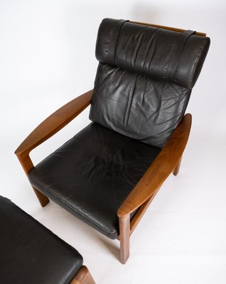 Easy Chair with Stool in Teak Upholstered with Black Leather by Arne Vodder for Komfort, Set of 2-UY-911719