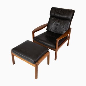 Easy Chair with Stool in Teak Upholstered with Black Leather by Arne Vodder for Komfort, Set of 2-UY-911719