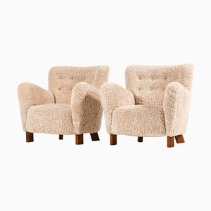 Easy Chairs in Beech & Reupholstered in Sheepskin attributed to Fritz Hansen, 1938, Set of 2-SC-2022135