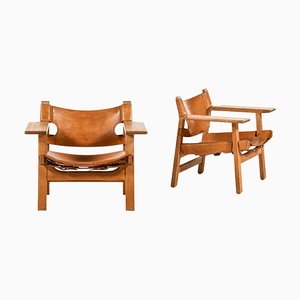 Easy Chairs in Oak and Cognac Brown Leather attributed to Børge Mogensen, 1950s, Set of 2-SC-2022153