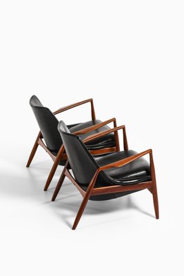 Easy Chairs in Teak and Original Black Leather attributed to Ib Kofod-Larsen, 1950s, Set of 2-SC-2032655