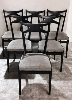 Ebonized Wood and Velvet Chairs in the style of Ico Parisi Style, Set of 6-QRS-1284091