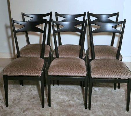 Ebonized Wood and Velvet Chairs in the style of Ico Parisi Style, Set of 6-QRS-1284091