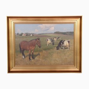 Edsberg Knud, Horse and Cows in the Field, Denmark, 1960s, Oil on Canvas, Framed-DQ-1297333