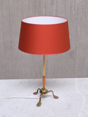 Edvard Hagman Table Lamp in Brass, Elm and Vermillion Shade, Sweden, 1940s-FMT-2021099