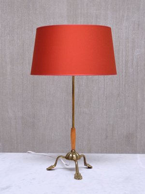 Edvard Hagman Table Lamp in Brass, Elm and Vermillion Shade, Sweden, 1940s-FMT-2021099