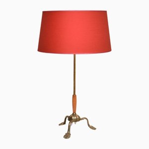 Edvard Hagman Table Lamp in Brass, Elm and Vermillion Shade, Sweden, 1940s-FMT-2021099