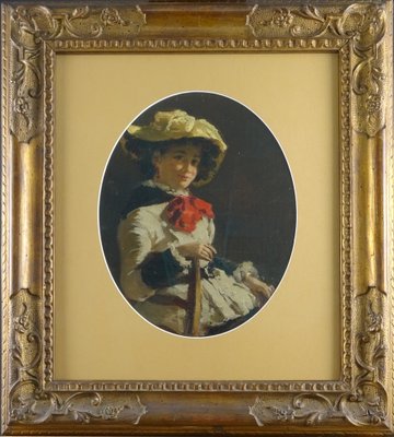 Egisto Lancerotto, Portrait of Young Girl with Red Bow, 1900, Oil on Canvas on Cardboard-MLN-1408392