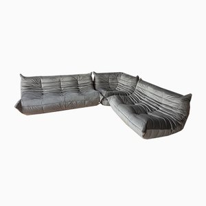 Elephant Grey Velvet Togo Corner Chair, 2- and 3-Seat Sofa by Michel Ducaroy for Ligne Roset, Set of 3-IXA-851620