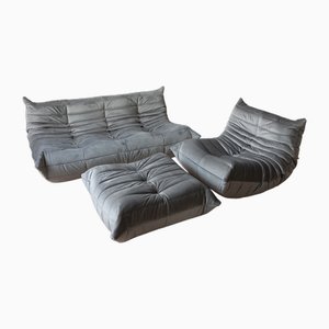 Elephant Grey Velvet Togo Lounge Chair with Pouf and 3-Seat Sofa by Michel Ducaroy for Ligne Roset, Set of 3-IXA-1798998