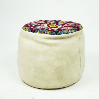 Embroidered Seat Pouf in White Leather, 1960s-MH-1803981