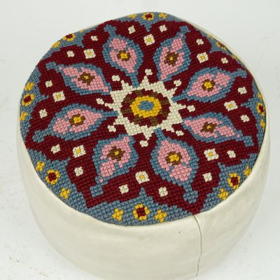 Embroidered Seat Pouf in White Leather, 1960s-MH-1803981